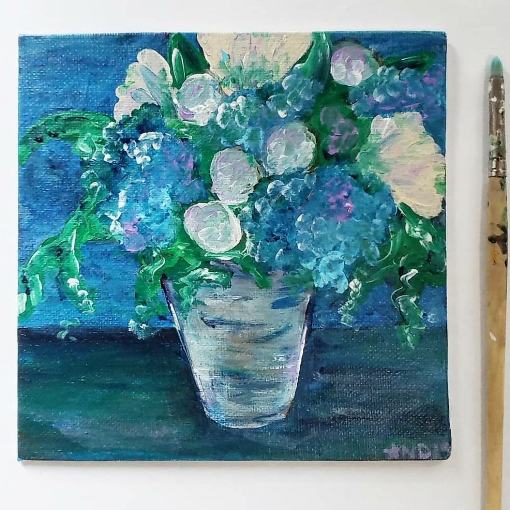 Original hand painted canvas board, hydrangeas and roses floral still life